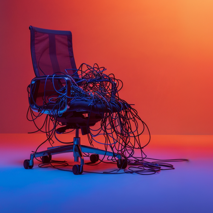 A modern desk chair covered with wire