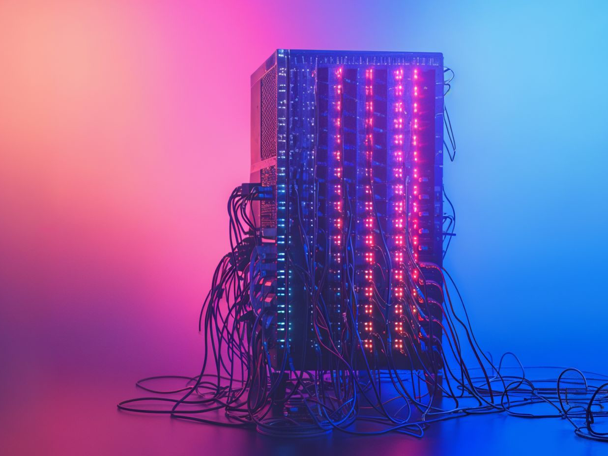 a single server with a lot of cables and wires connect in gradient lights