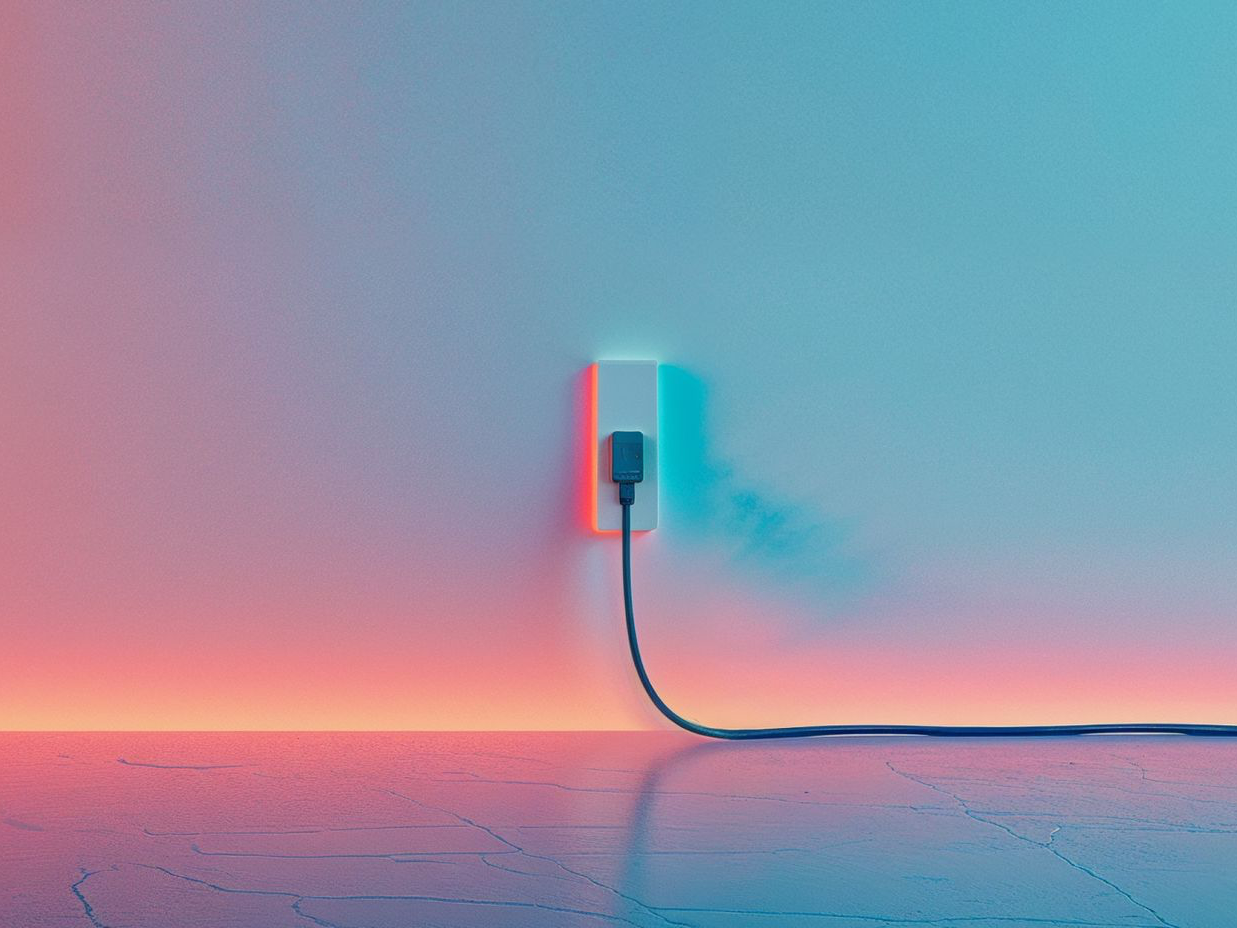 a cable plugged in an empty wall with gradient lights