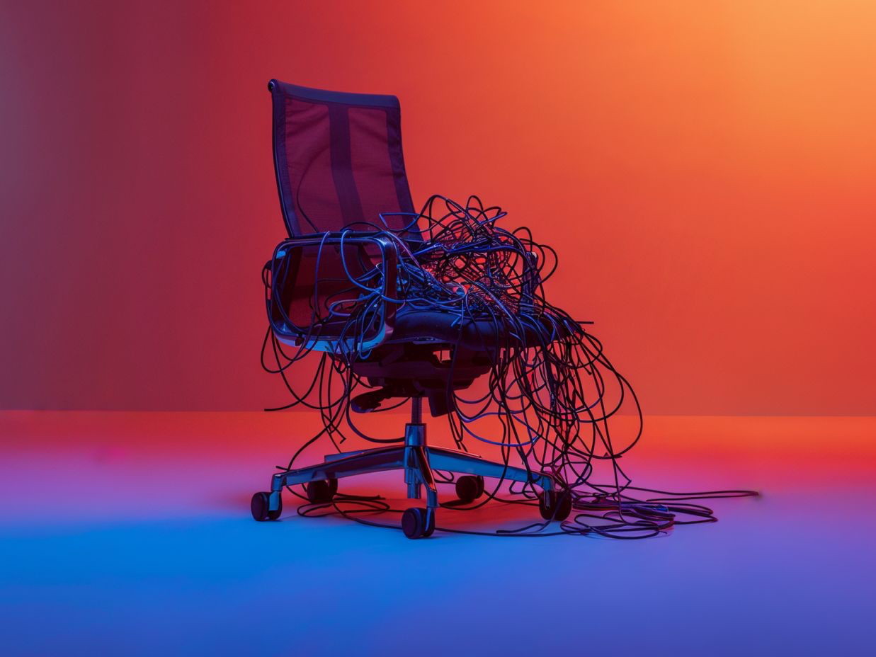 a modern desk chair is covered with a pile of wire in gradient light