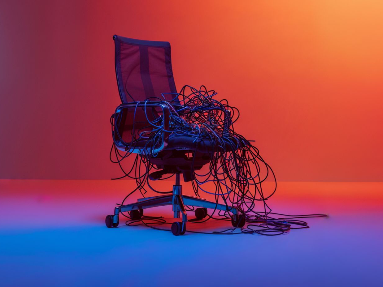 a modern desk chair is covered with a pile of wire in gradient light