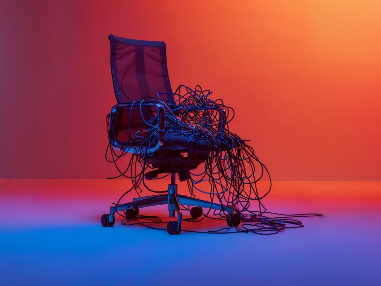 a modern desk chair is covered with a pile of wire in gradient light