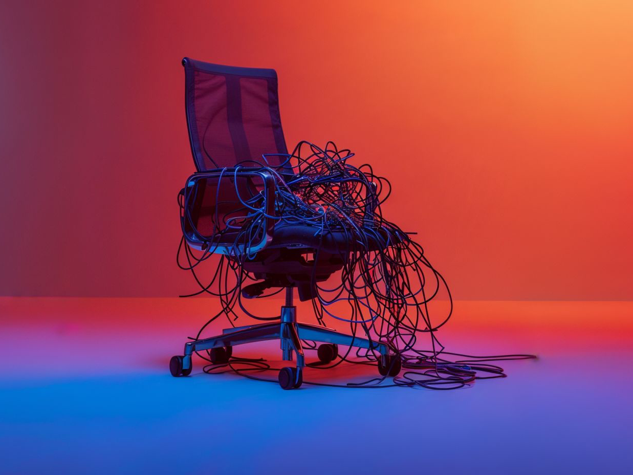 a modern desk chair is covered with a pile of wire in gradient light